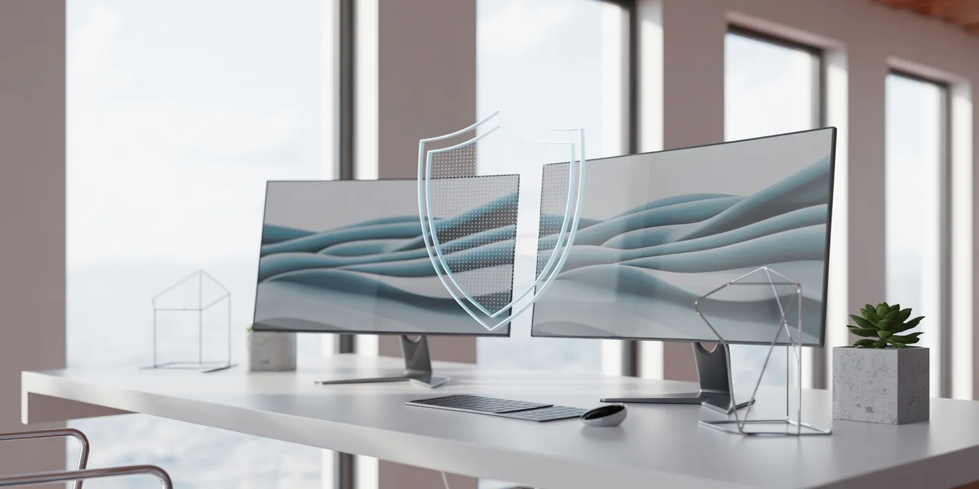 Modern office desk with dual curved monitors displaying abstract waves and a shield security icon overlay.