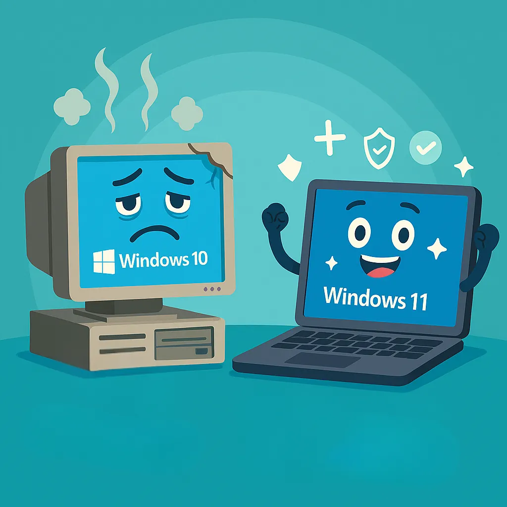 Illustration comparing sad old Windows 10 desktop and happy new Windows 11 laptop with upgrade icons