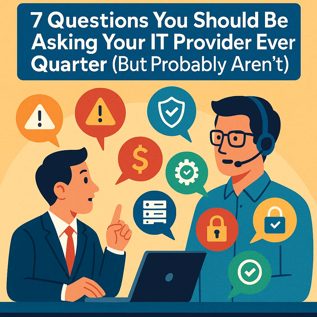 Two men discussing IT questions with icons of security, money, server, and alerts around them in a business setting