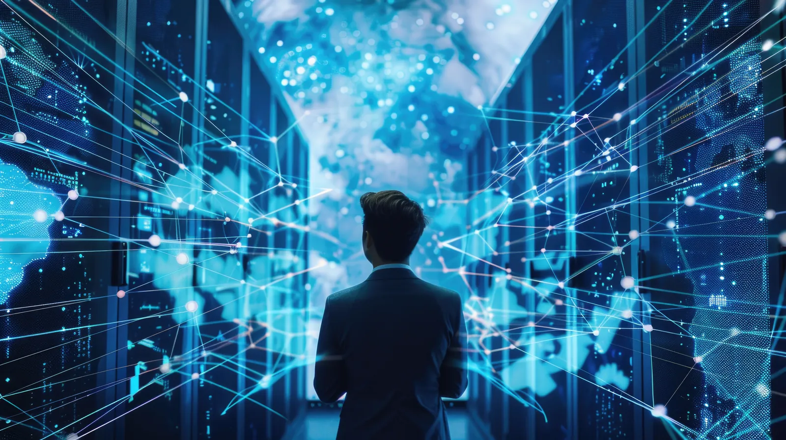 Man in data center surrounded by digital blue network connections and global data visualization screens.