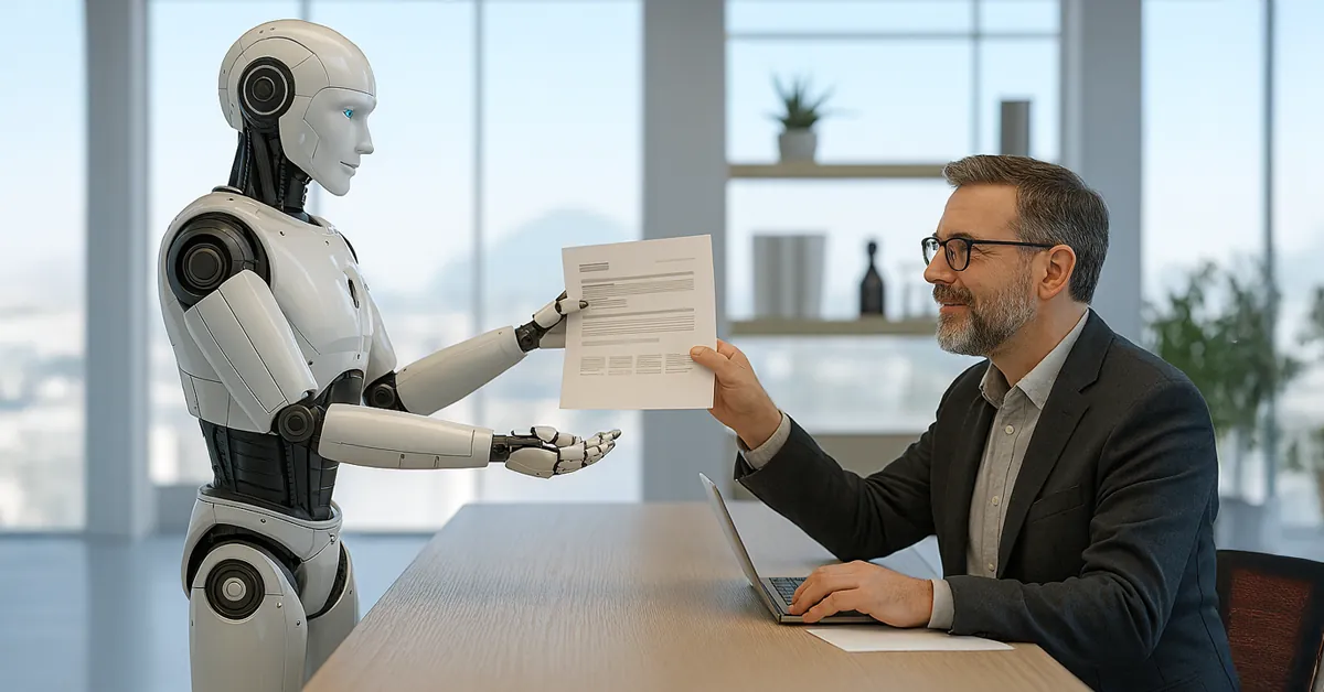 Businessman receiving a document from a humanoid robot in a modern office setting with natural light.