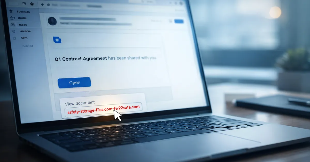Laptop screen showing an email with a Q1 contract agreement and a suspicious link highlighted by a cursor.