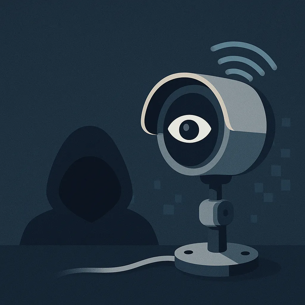 Dark hooded figure behind security camera with an eye symbol and WiFi signal in a low-light setting.