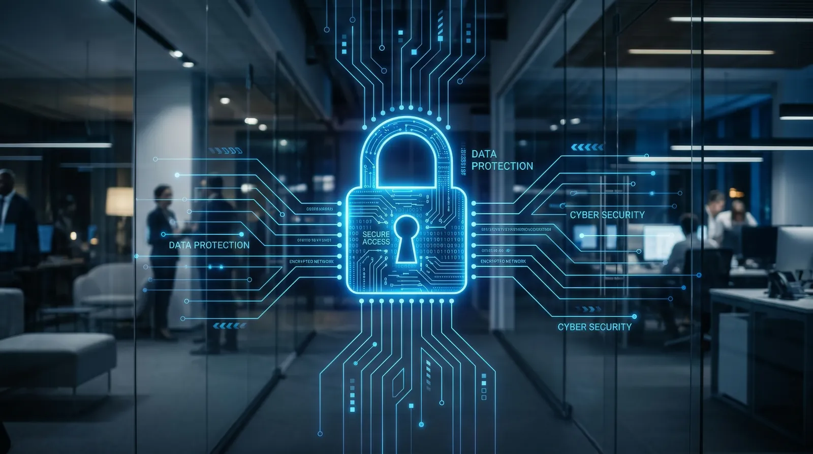 Glowing digital lock hologram with data protection and cybersecurity terms in a modern office environment.