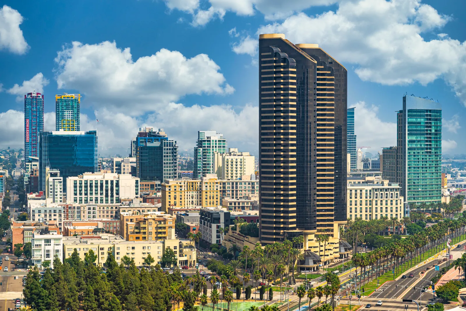 Sunlit modern high-rise buildings and palm-lined streets under a bright blue sky in a coastal city downtown.