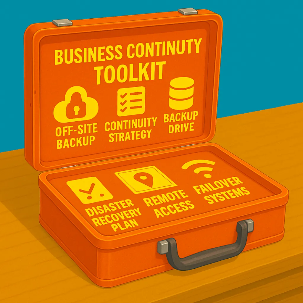 Orange business continuity toolkit case with icons and text for backup, strategy, disaster recovery, remote access, and failover.