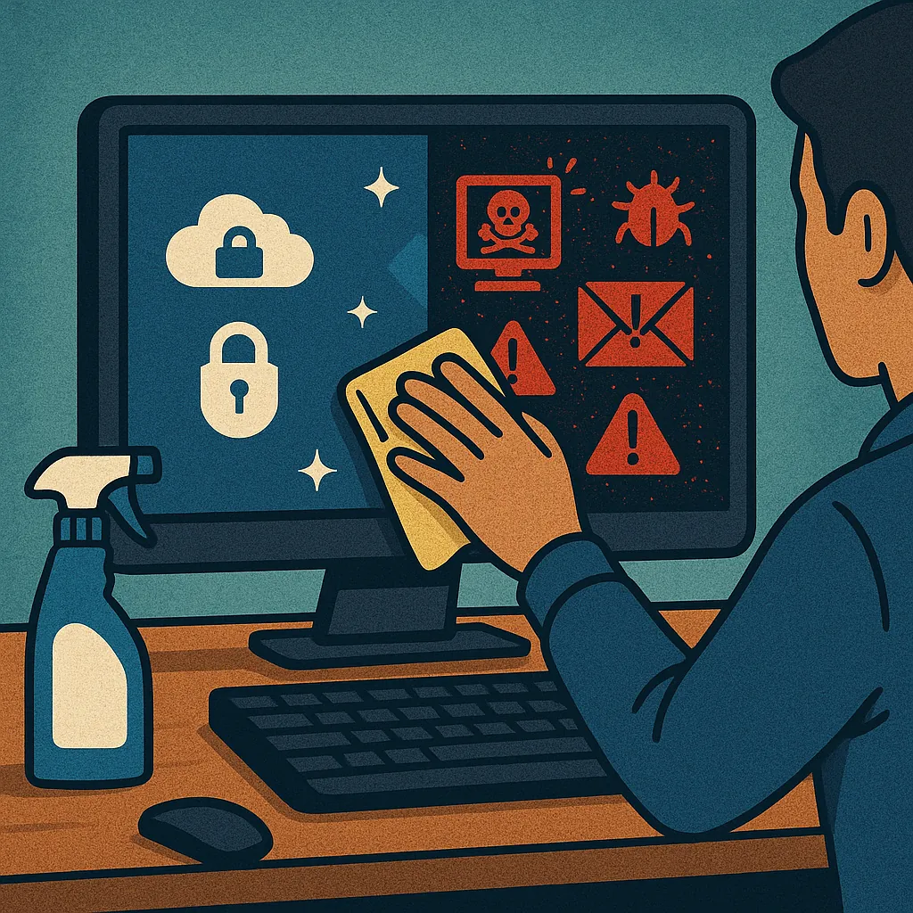 Person cleaning a computer screen transitioning from virus warnings to security icons with a spray bottle nearby.