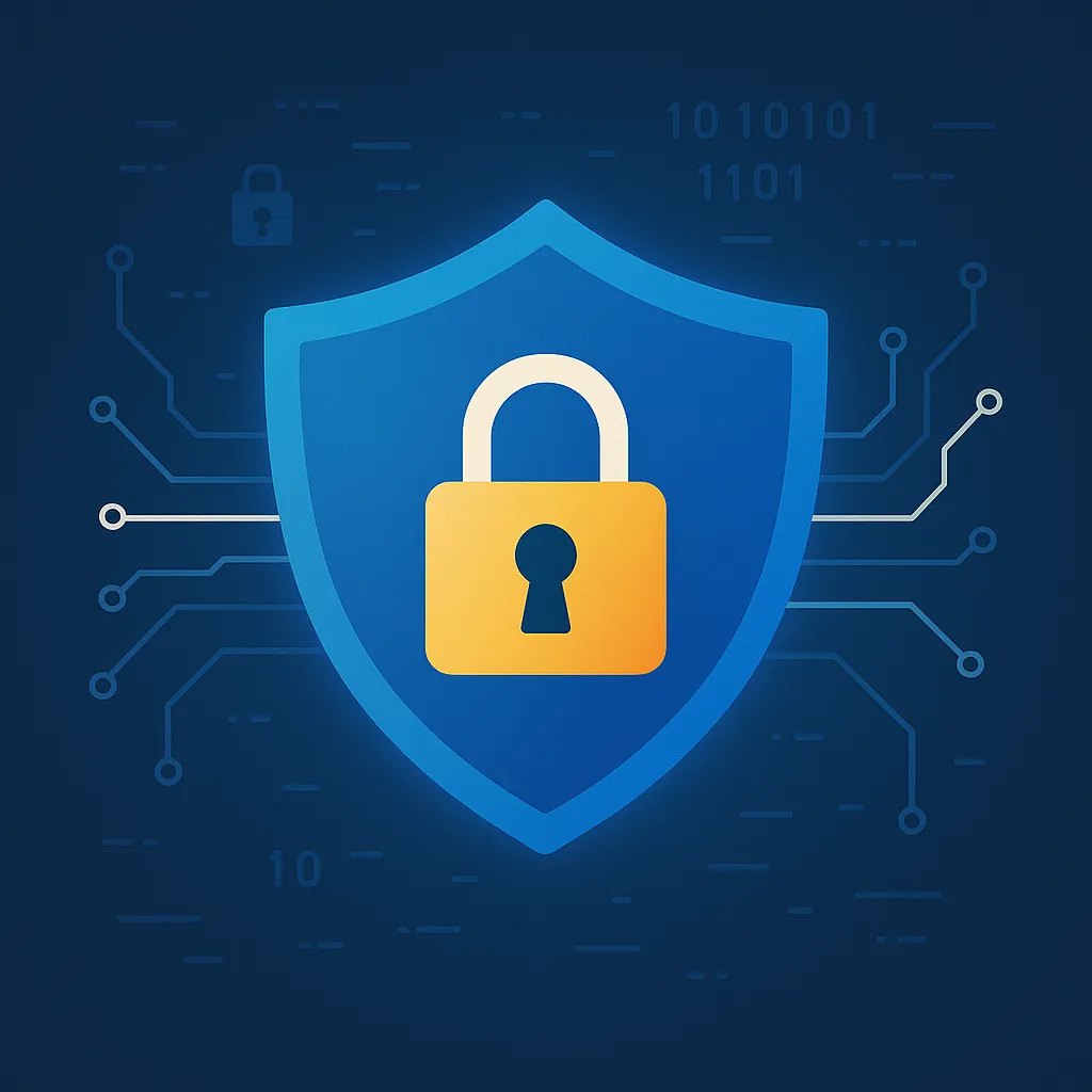Blue shield with a yellow padlock symbolizing cybersecurity and data protection on a dark digital background.
