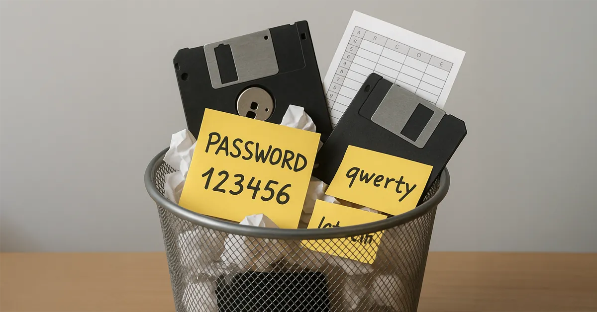Trash bin with old floppy disks and sticky notes showing weak passwords like 123456 and qwerty.