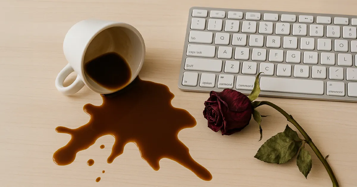 Spilled coffee cup next to a computer keyboard and a wilted red rose on a wooden desk surface