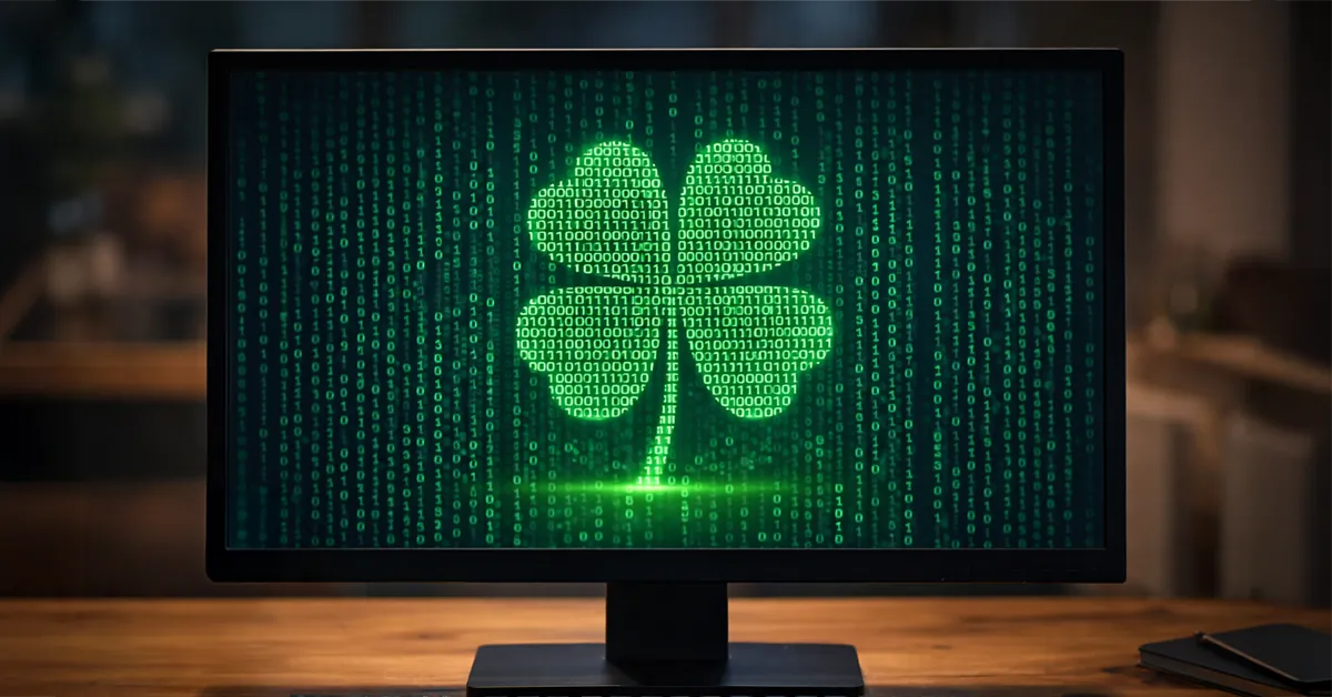 Computer screen displays a glowing green four-leaf clover made of binary code in a dark room.