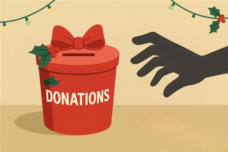 Holiday-themed red donation box with holly and a reaching hand under festive string lights.