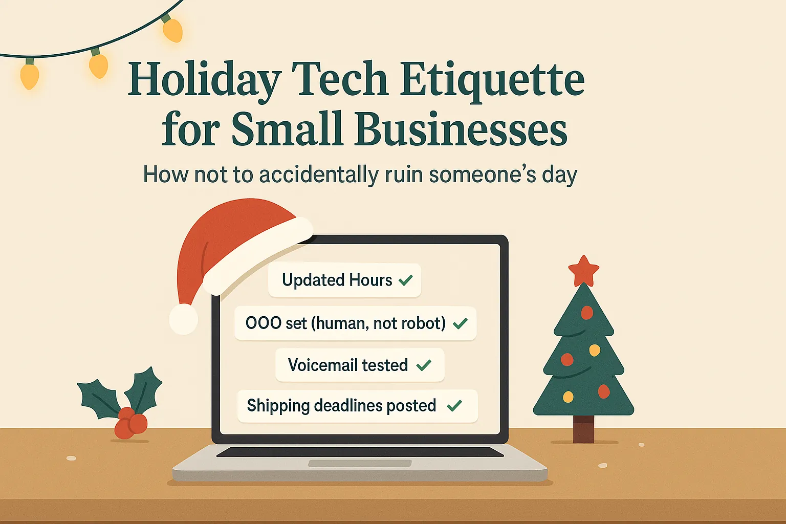 Holiday tech etiquette tips for small businesses displayed on a laptop with festive decorations around.