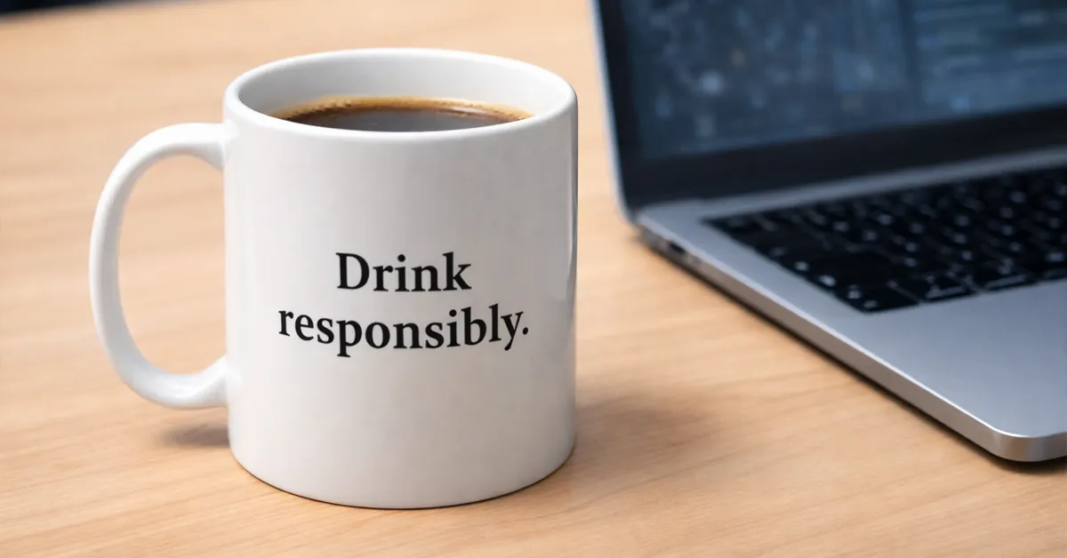 White coffee mug with Drink responsibly text beside a laptop on a wooden desk.