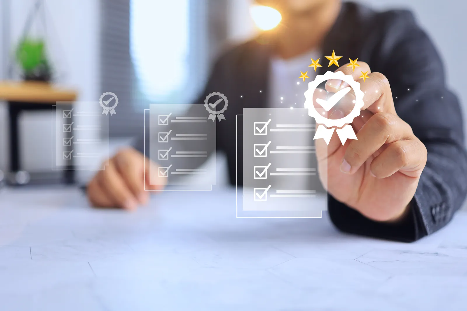 Person selecting a checklist with a quality badge and stars representing approval and high standards.