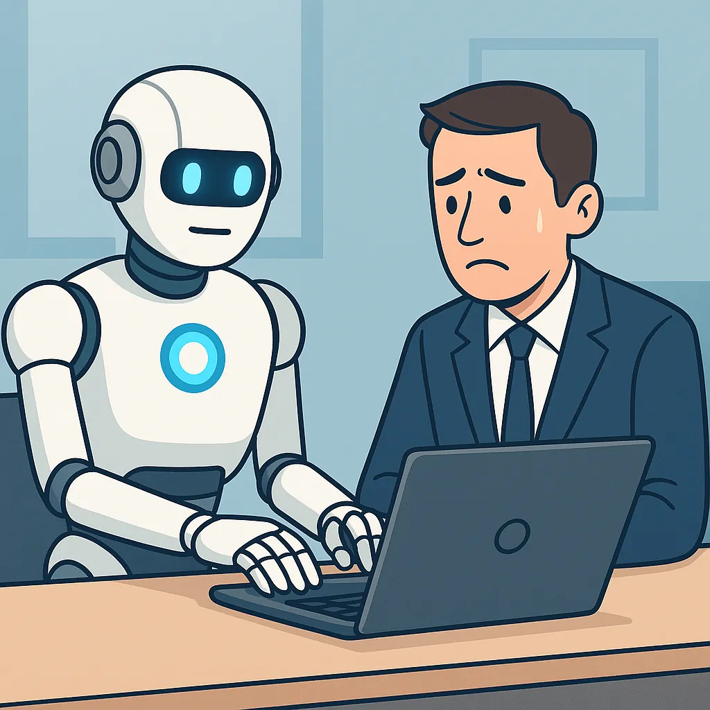 Robot assisting a worried businessman working on a laptop at a desk in an office setting.