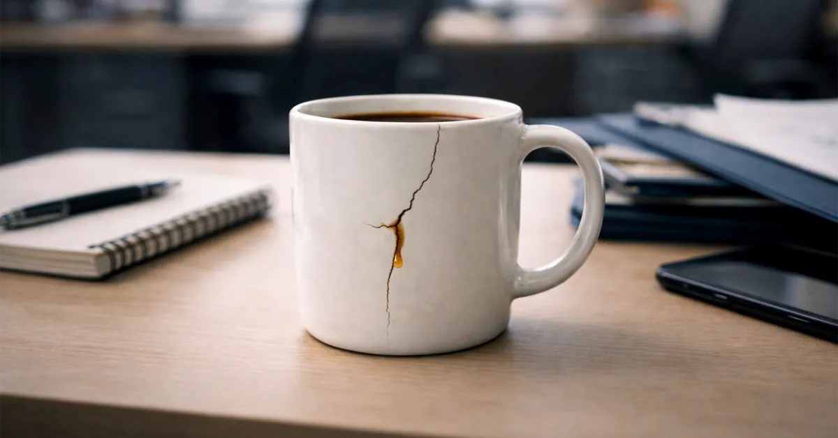 White ceramic coffee mug with a visible crack and coffee drip on a wooden desk with notebooks and pen.