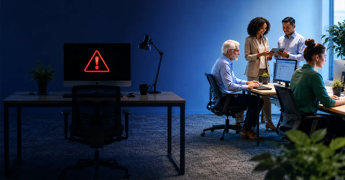 Office scene with a computer displaying a red error warning and coworkers collaborating in the background.