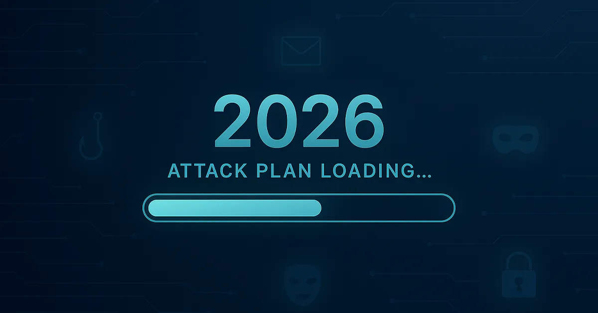 2026 attack plan loading progress bar on dark cybersecurity background with icons of phishing, mask, lock, and email.