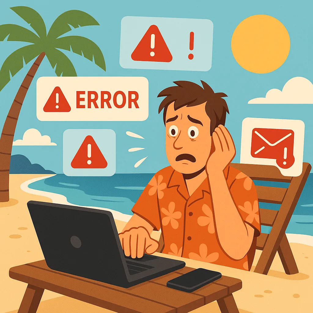 Worried man in a tropical shirt at the beach facing laptop with error and warning alerts popping up.