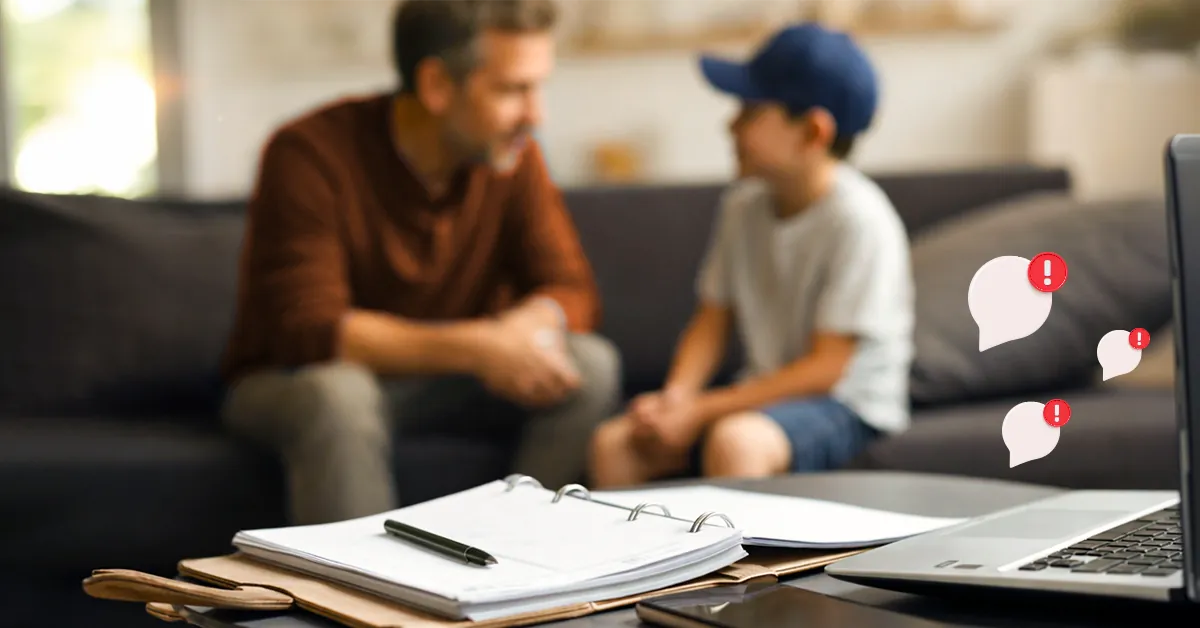 Father and son talking on couch with laptop, notebook, and smartphone on table in foreground