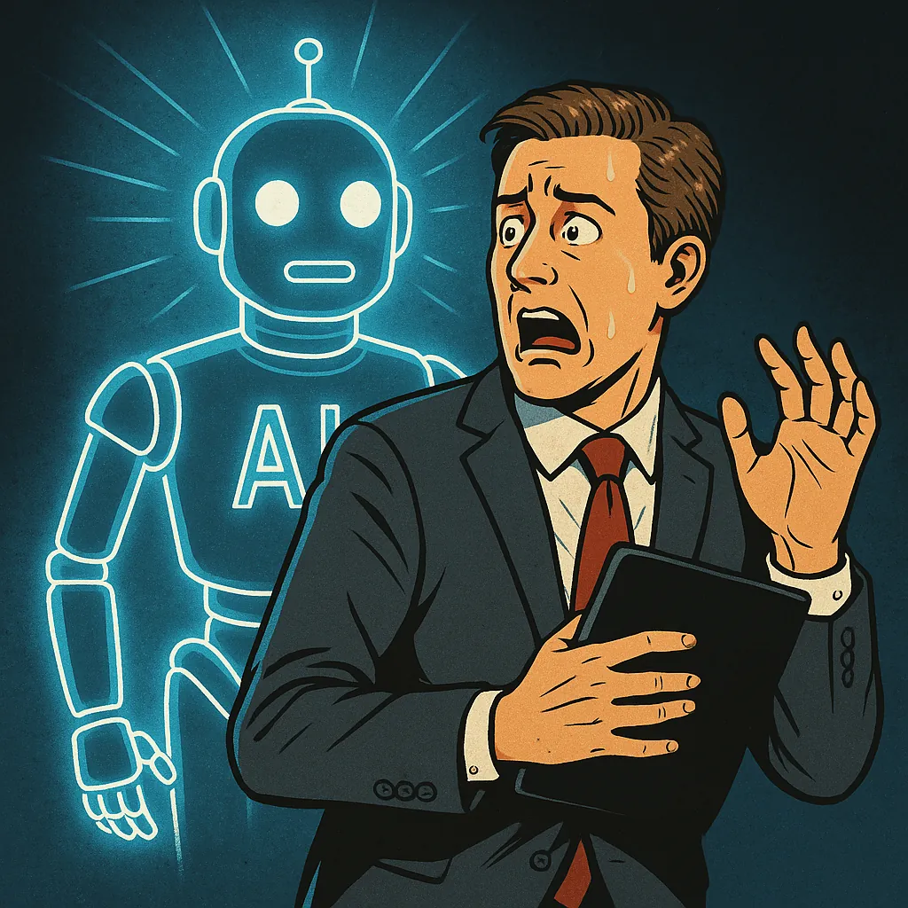 Illustration of a worried businessman sweating while a glowing AI robot looms behind him with a serious expression.