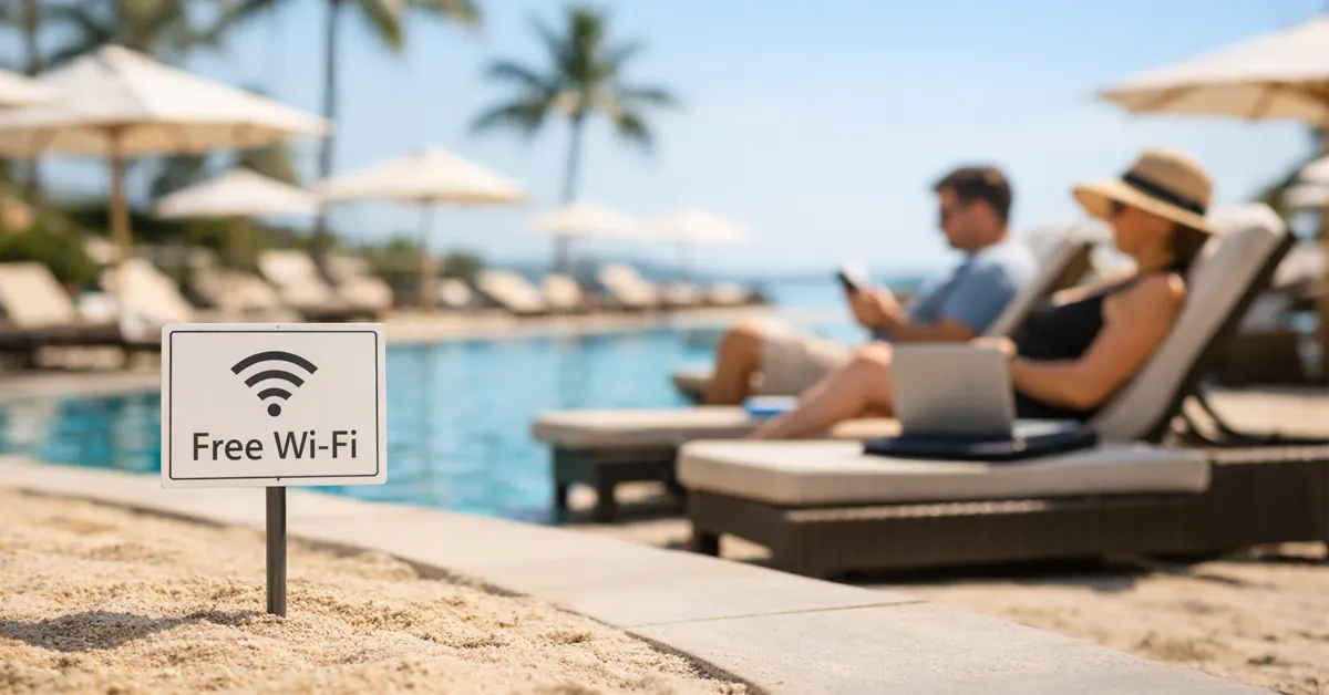 Sign for free Wi-Fi by a pool with sun loungers and people relaxing under umbrellas in a sunny resort.
