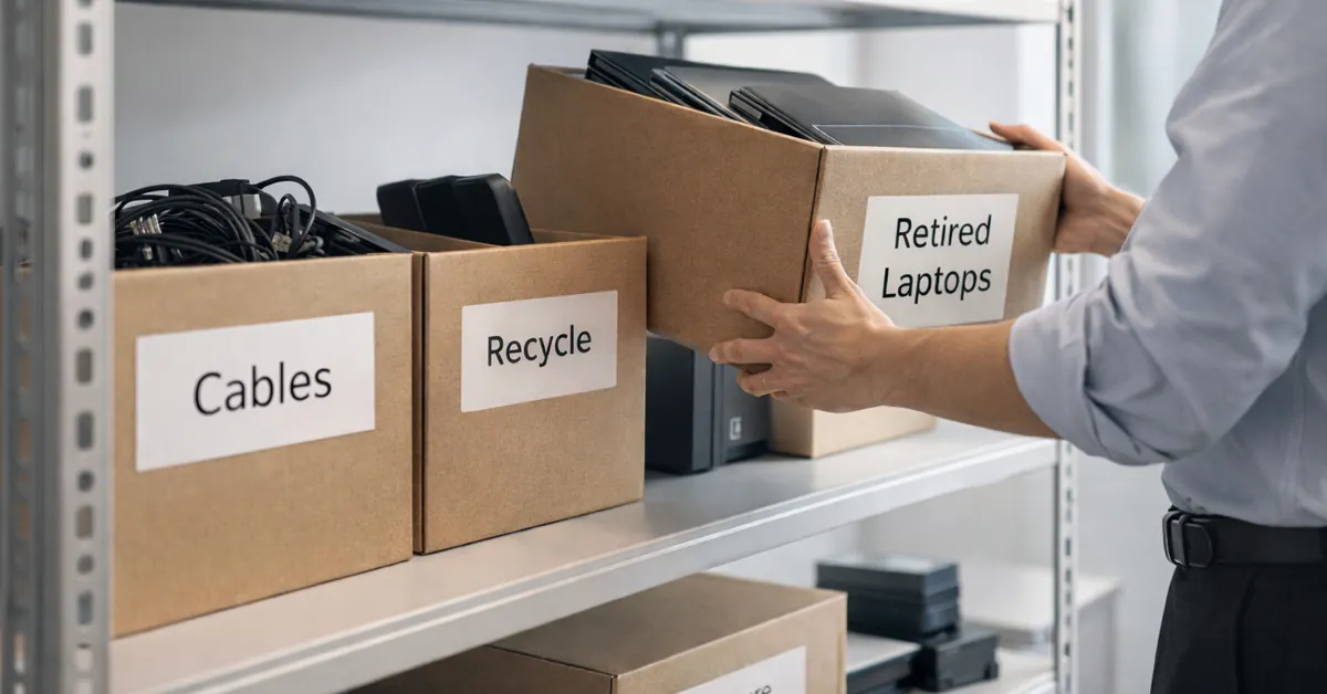 Person organizing labeled boxes of cables, electronics, and retired laptops on metal shelving for recycling.