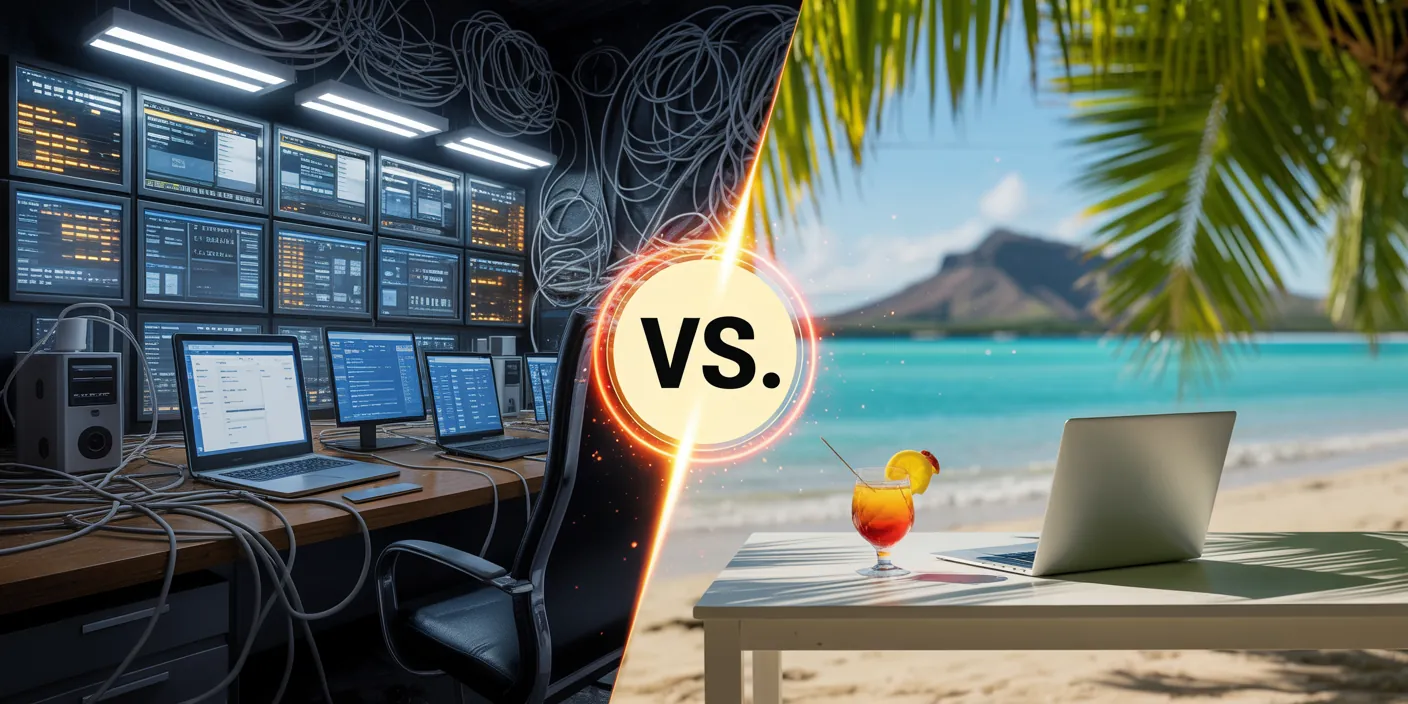 Comparison of a cluttered office tech workspace versus a relaxed beach setup with laptop and cocktail under palm trees.