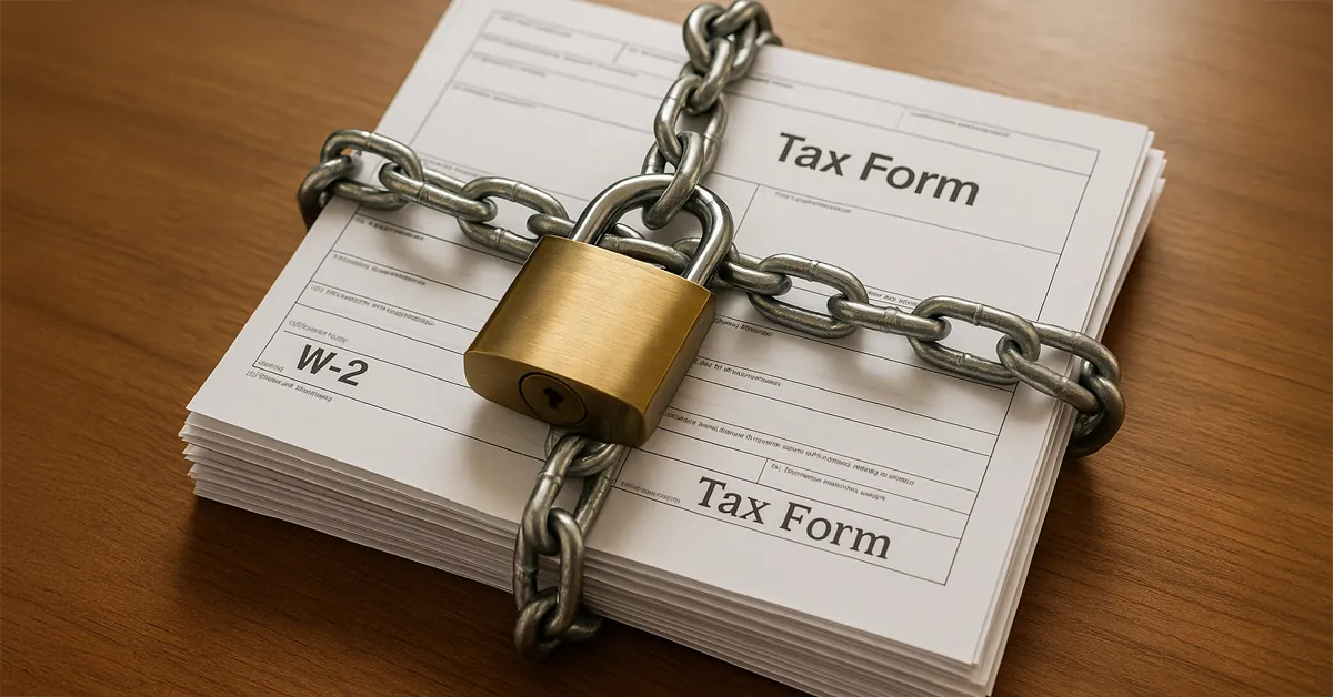 Stack of tax forms secured with metal chain and brass padlock on wooden surface.