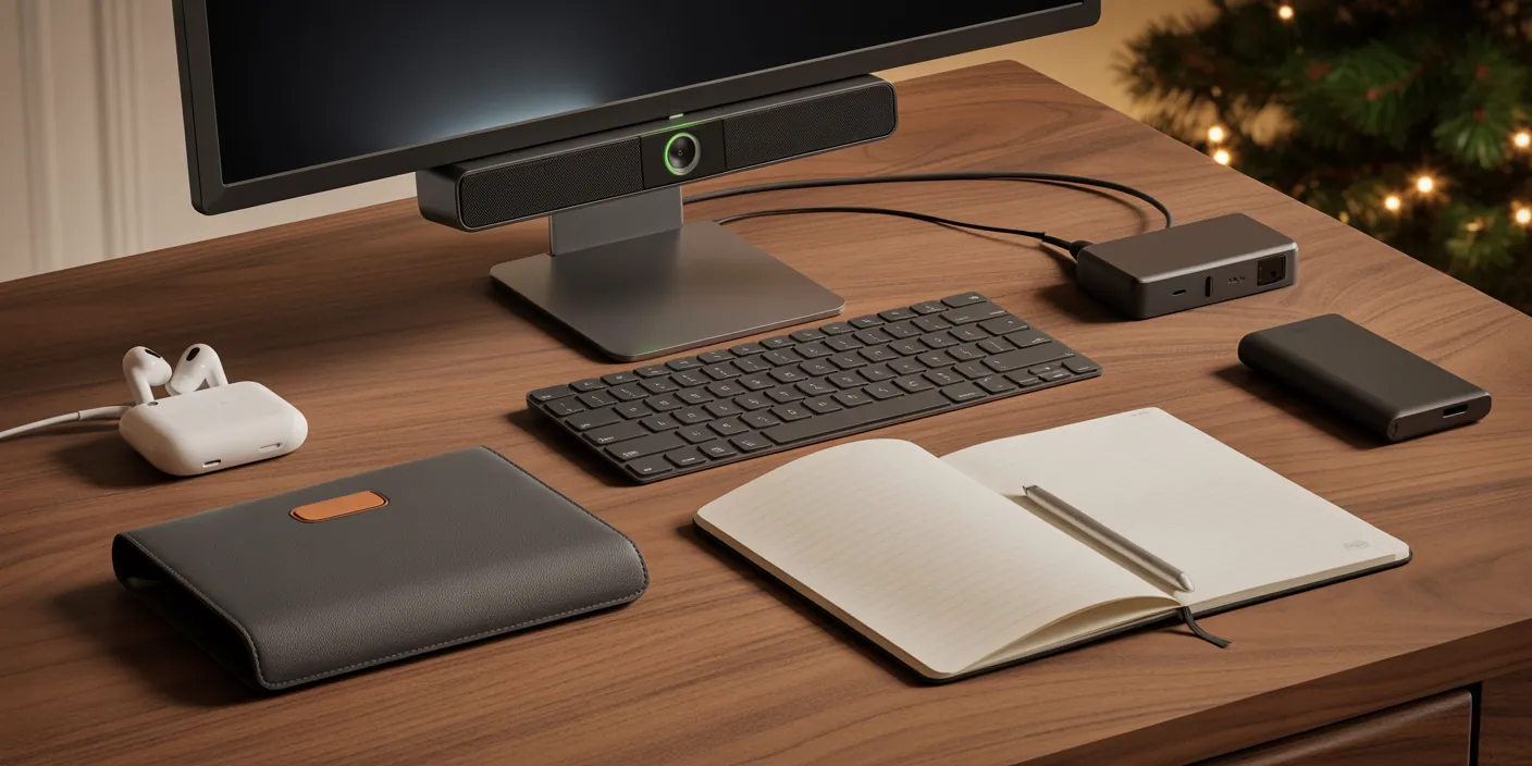 Modern workspace with monitor, wireless keyboard, notebook, pen, AirPods, and tech gadgets on wooden desk.