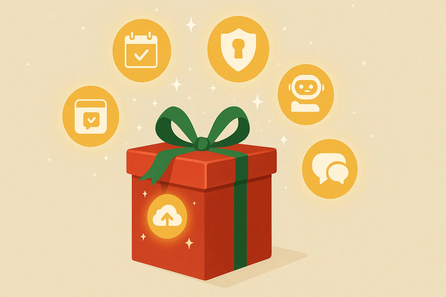 Red gift box with green ribbon surrounded by icons for calendar, security, chatbot, chat, and cloud upload