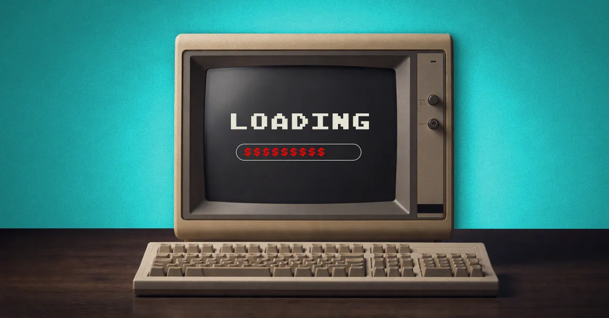 Vintage computer with keyboard showing loading screen and dollar sign progress bar on desk with turquoise background