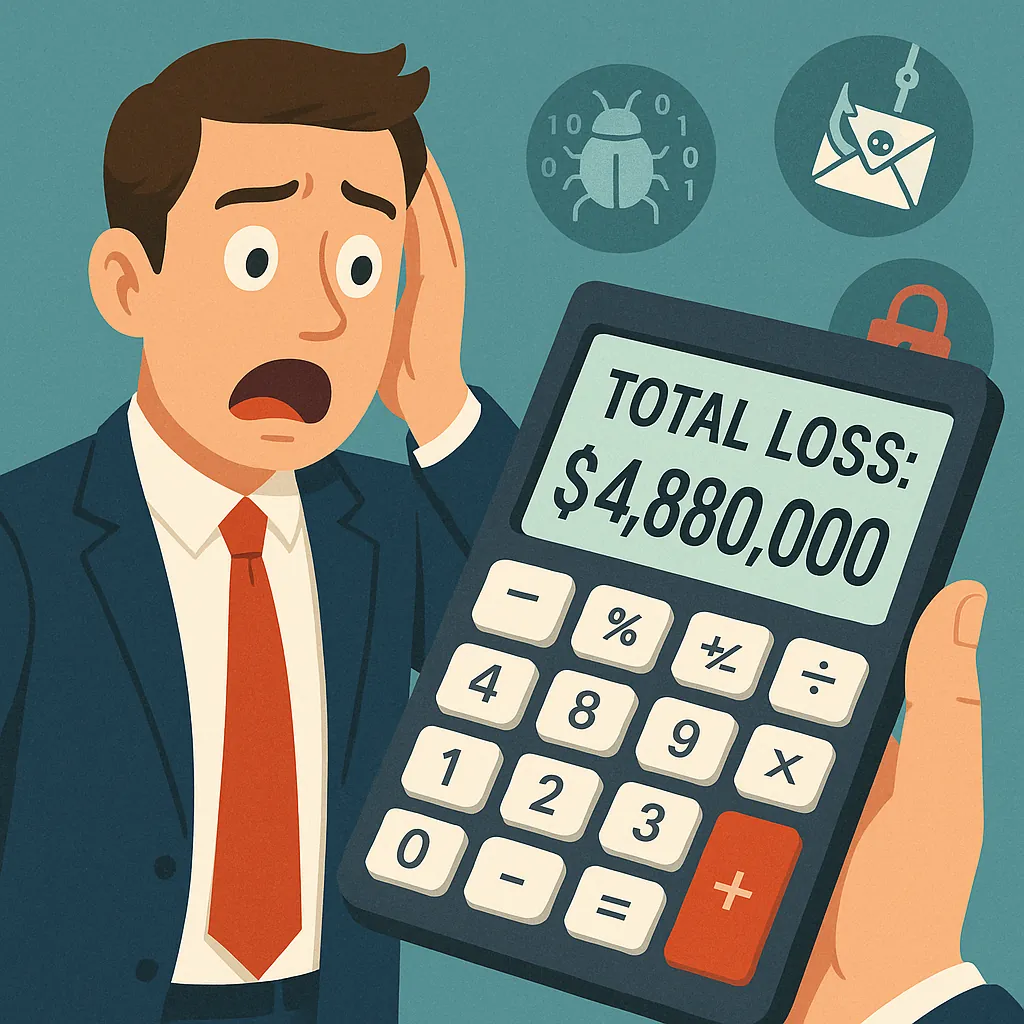 Shocked businessman looking at calculator showing total loss of $4,880,000 with cyber attack icons.