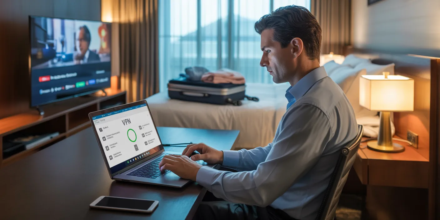 Man in a hotel room using a laptop with VPN software for secure internet while preparing to travel.