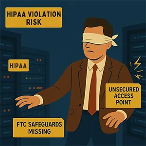 Blindfolded man in suit faces HIPAA violation risk with missing FTC safeguards and unsecured access points.