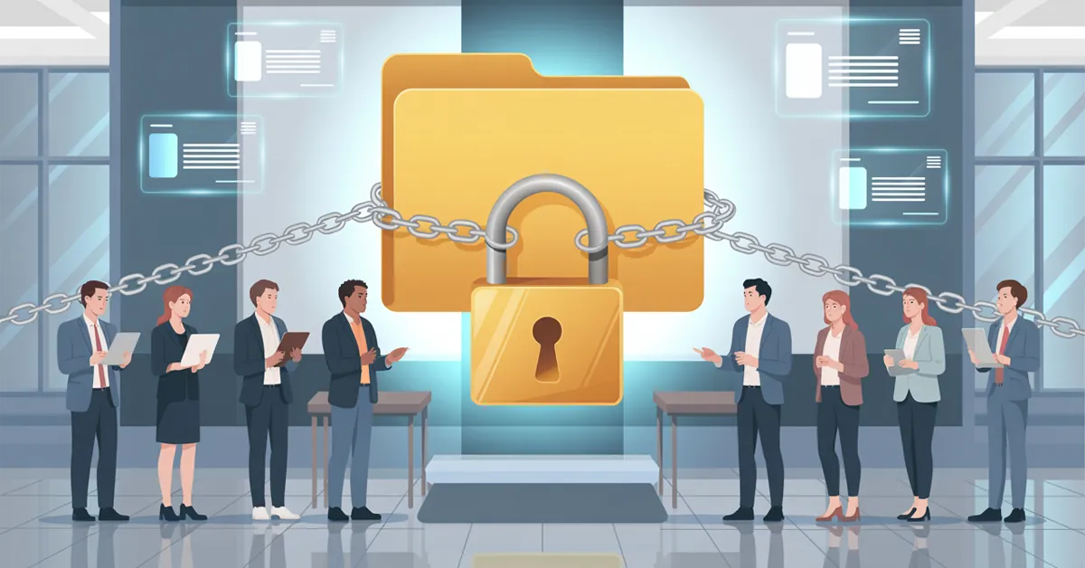 Business professionals discussing data security with a large locked folder symbolizing file protection in office.