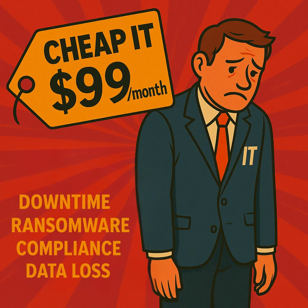 Sad IT professional next to $99/month price tag with downtime, ransomware, compliance, and data loss risks.