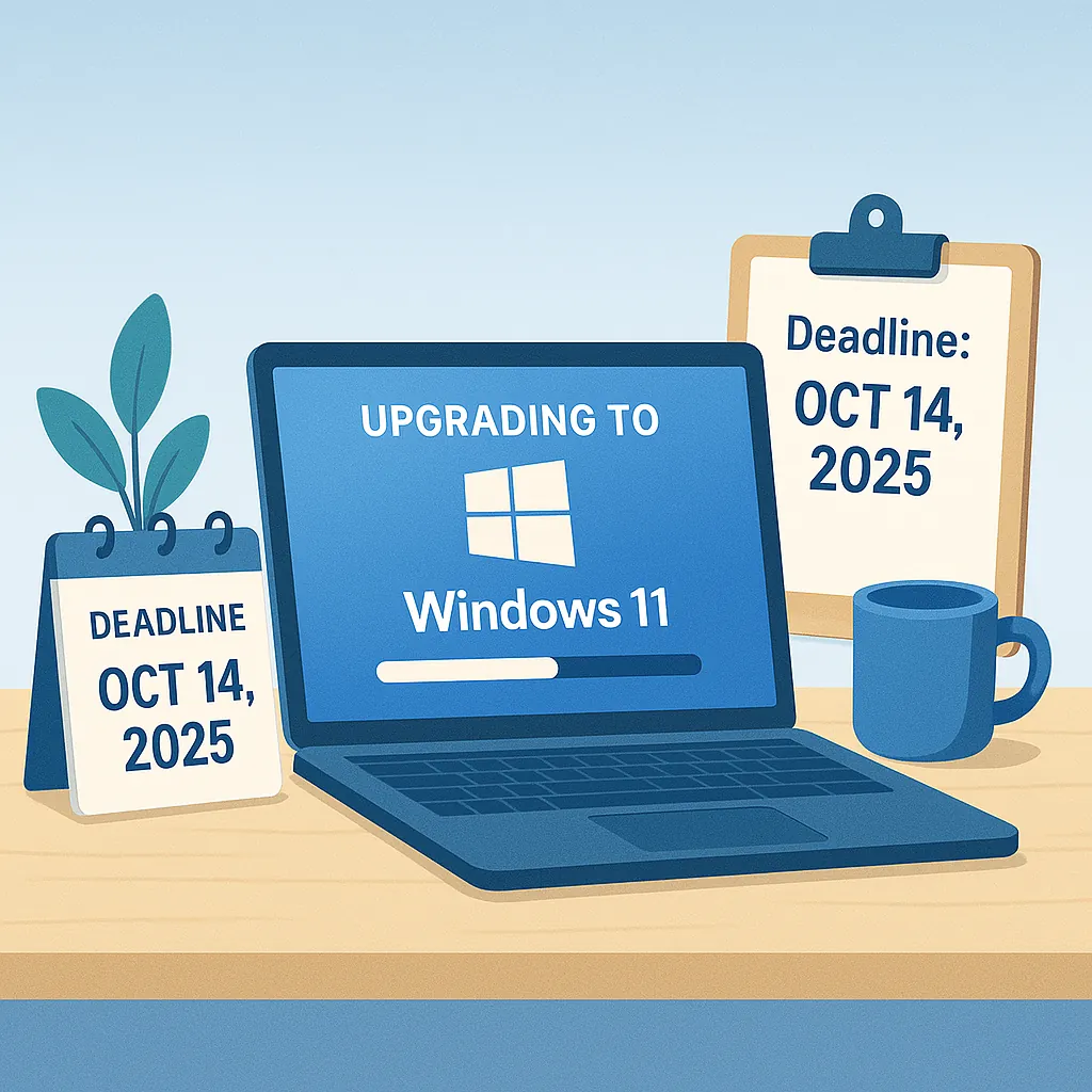 Laptop screen showing upgrading to Windows 11 with deadline date October 14, 2025 displayed on desk calendars and clipboard.