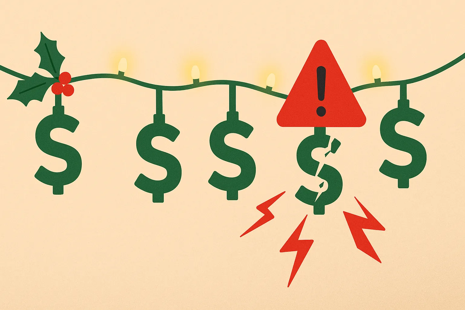 Christmas lights shaped like dollar signs with one cracked and a red warning symbol highlighting financial caution during holidays.