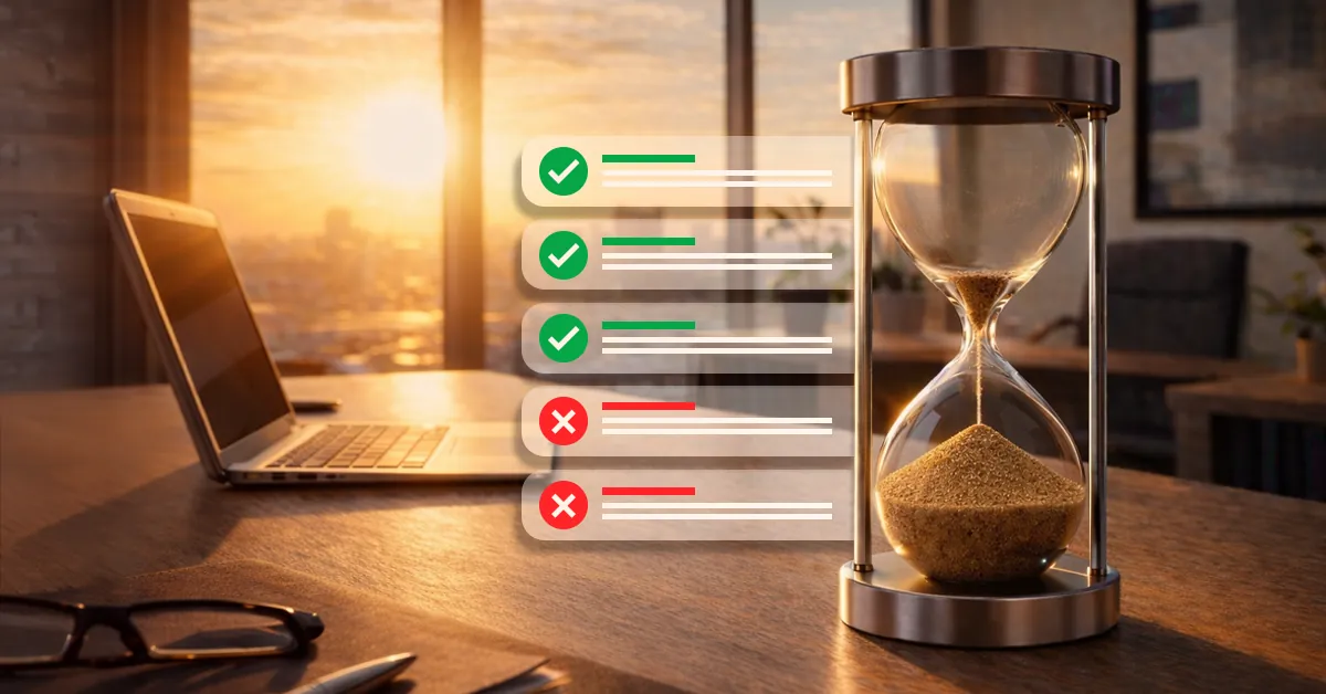 Hourglass with sand running inside next to a laptop on a desk with task completion icons in sunset light.