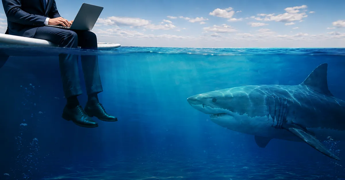 Businessman working on laptop while sitting above water with a shark swimming below him in clear ocean.