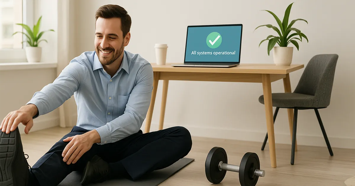Smiling man in office attire stretching on a yoga mat with dumbbell and laptop showing all systems operational