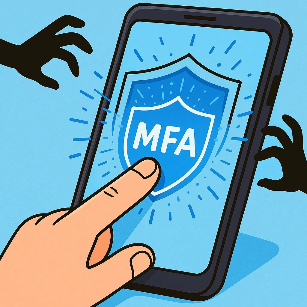Hand touching a shield with MFA on a smartphone screen blocking dark hands reaching for the device