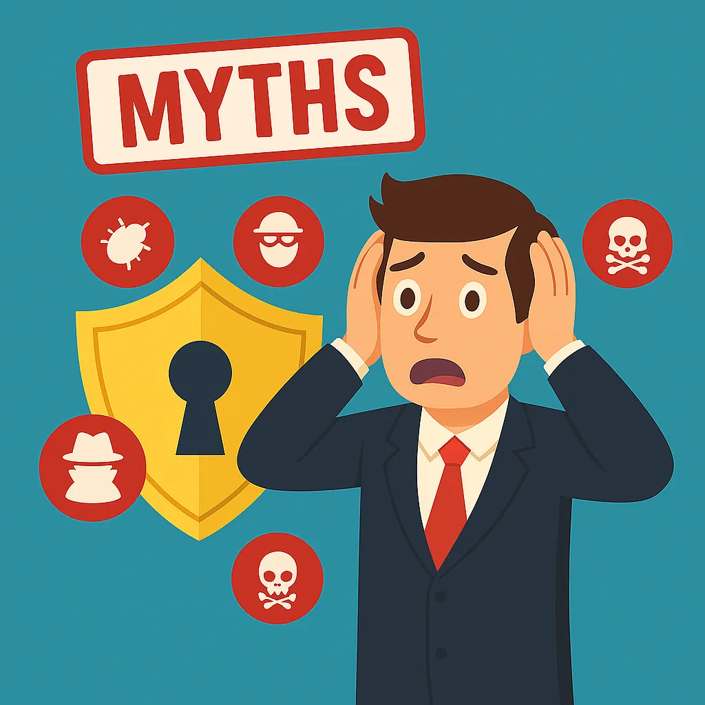 Worried man in suit holds head surrounded by myths label, shield with keyhole, and security threat icons on blue.