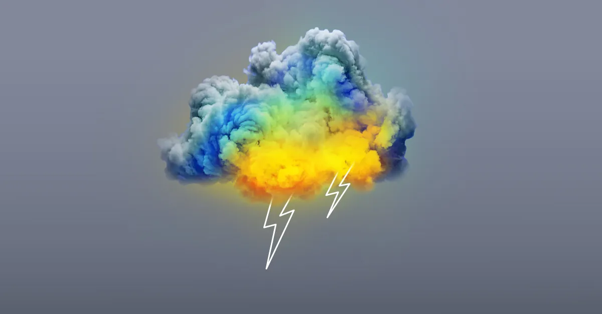Colorful cloud with blue, green, and yellow hues emitting two white lightning bolts on gray background