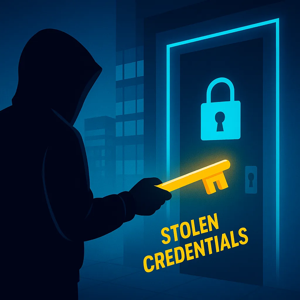 Hooded figure holding glowing key labeled stolen credentials trying to unlock digital door with padlock symbol.