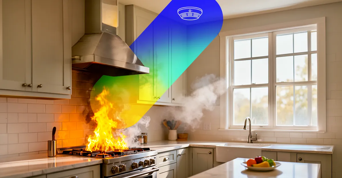 Kitchen stove fire with flames and smoke detected by a ceiling smoke alarm near a window and countertops.