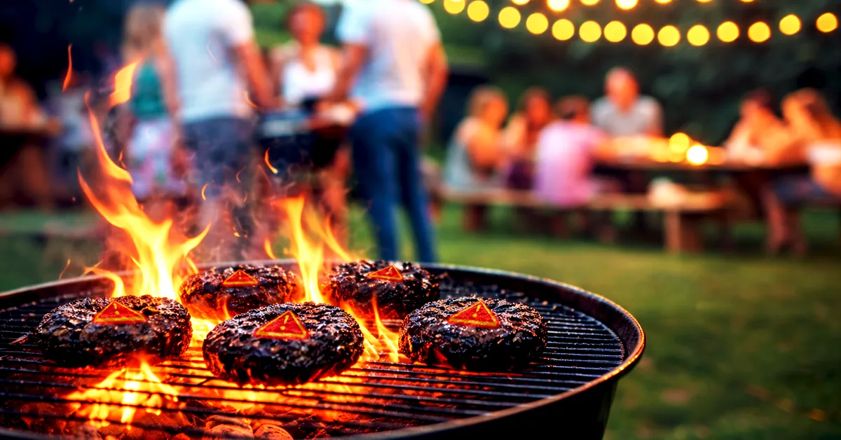 Grilled burgers cooking over an open flame on a barbecue with blurred people socializing in the background outdoors.