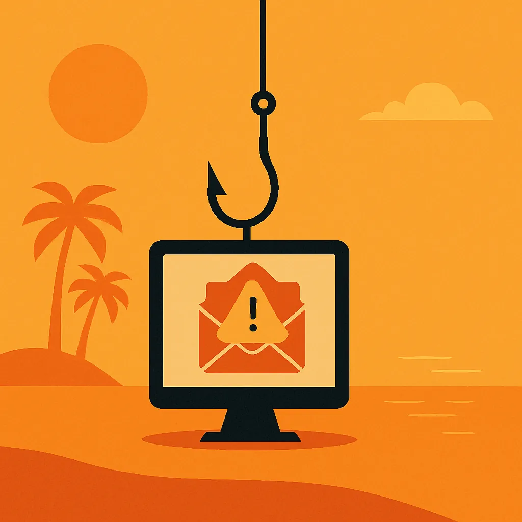 Computer screen with phishing email warning icon hanging from fishing hook against tropical background.